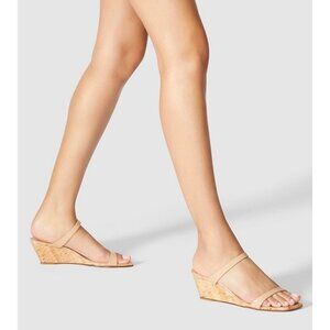 Stuart Weitzman Align II Patent Leather Strappy Wedge Sandal in Beige Size 8.5
